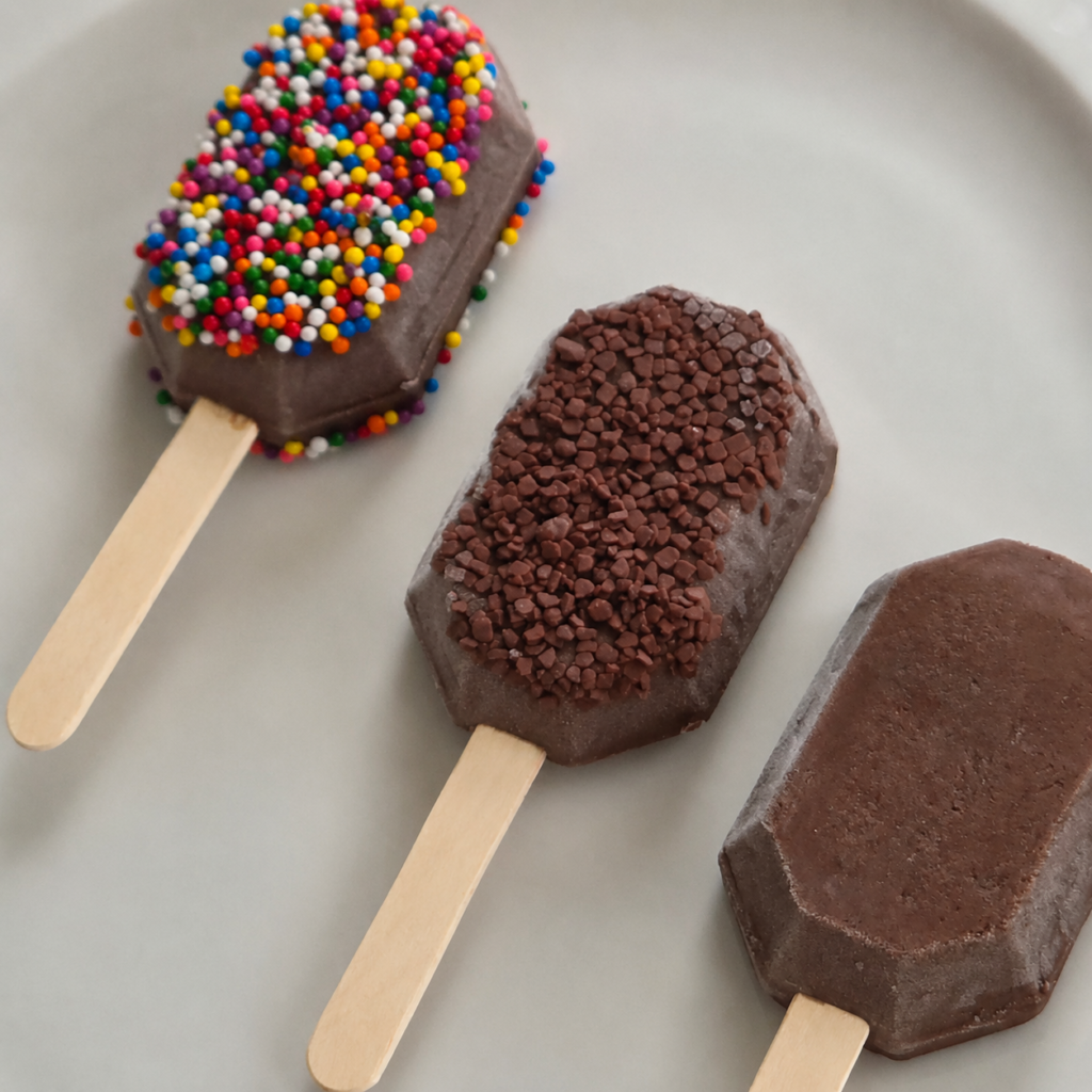 Trois fudgesicles maison au chocolat décorés de microbilles et de pailleté au chocolat